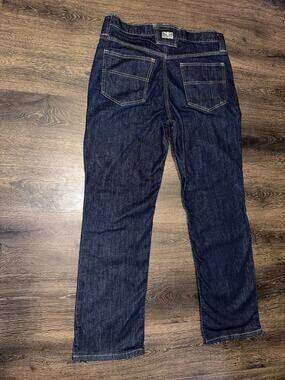 ATLAS 46 Jeans Size 34X32 Measure 34x31 Dark Wash Yellow Contract Stitch USA